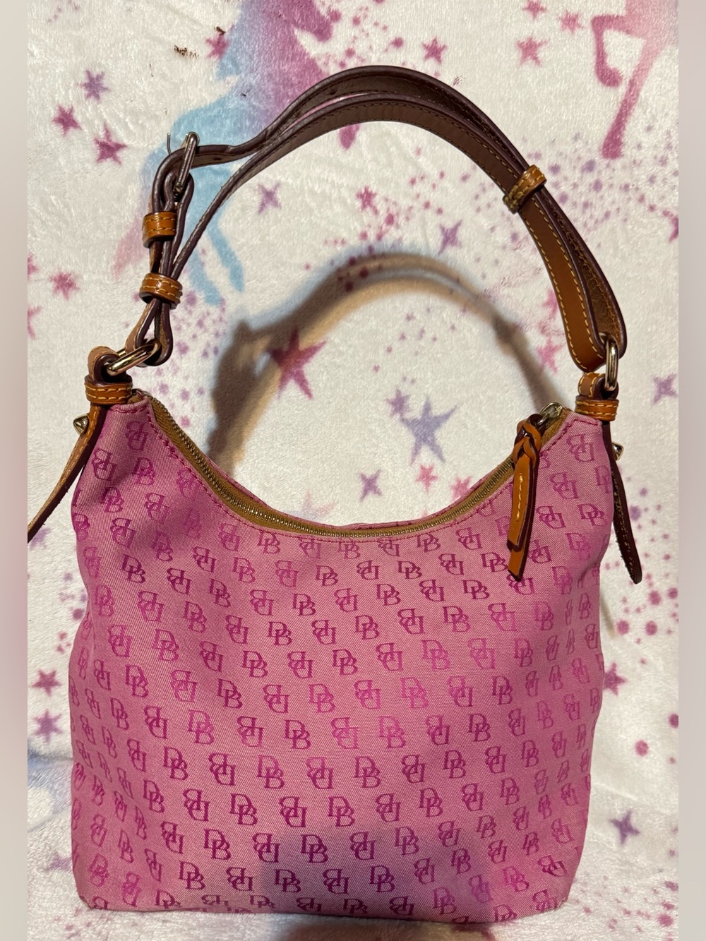 Dooney & Bourke Pink Signature Hobo Shoulder Bag with Tan Leather Trim - Picture 2 of 7